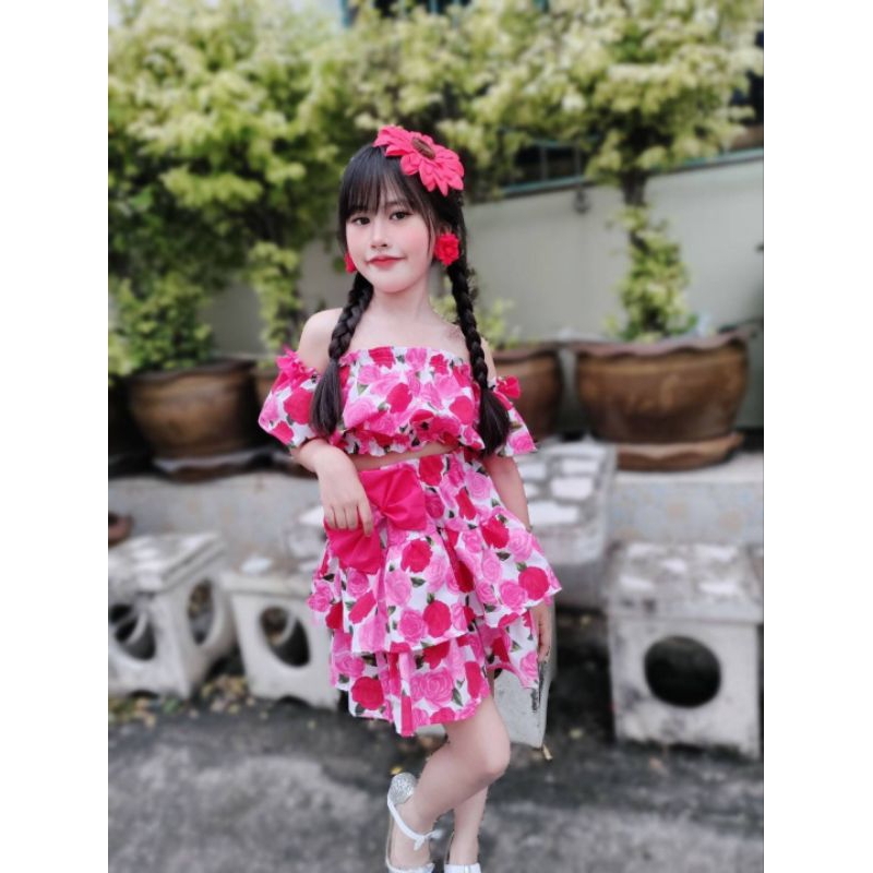 เซ็ต 2 ชิ้น ลายดอกเสื้อปาดไหล่แต่งโบว์ ทองกวาง กระโปรง2ขั้น - รูปที่ 3