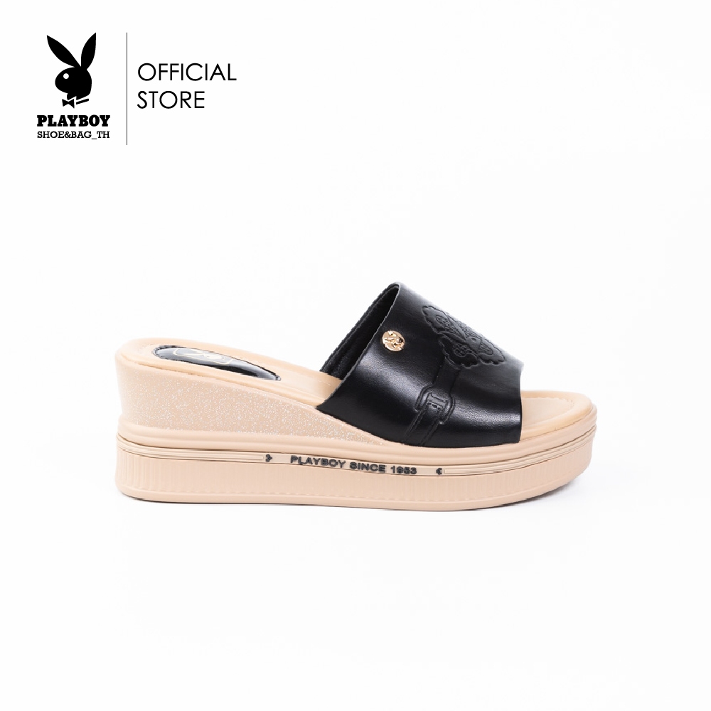 PLAYBOY รองเท้าส้นสูงWedge shoes(ส้นเตารีด)รหัสST-H251C1199 ดีไซน์แบบสวมปั้มลายโลโก้ มี2สี Classic Black/Ivory  White