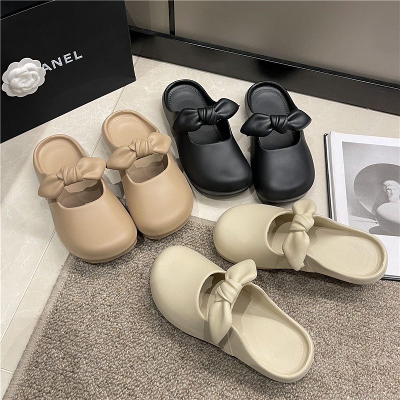 รองเท้าคัชชูเปิดส้นแฟชั่นผู้หญิง แต่งด้วยโบว์ผูก น้ำหนักเบา ใส่สบาย แนะนำ+เพิ่ม1ไซส์