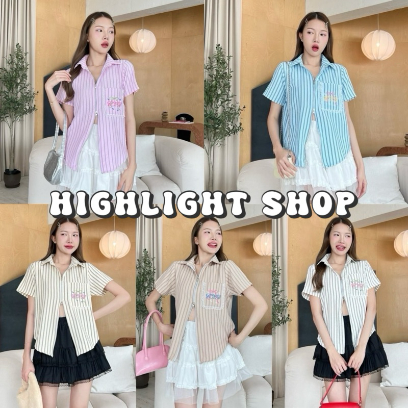 C119 เสื้อเชิ้ตซิปทูเวย์ แขนสั้น กระเป๋าปักโบว์ แต่งระบาย ผ้าบับเบิ้ล พร้อมส่ง