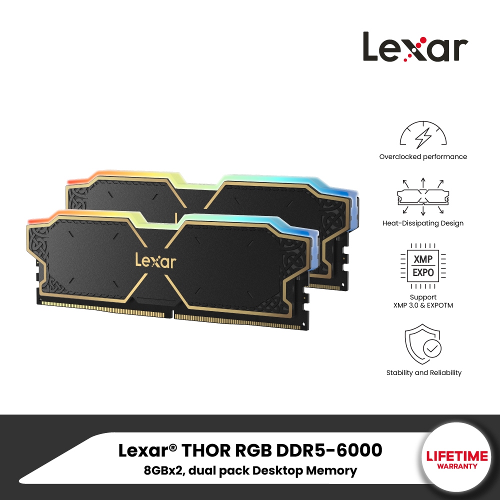 Lexar® THOR RGB DDR5 Desktop Memory 16GB dual pack Ram For Pc แรมพีซี มีไฟ RGB (LD5U16G60C38BG-RGD)