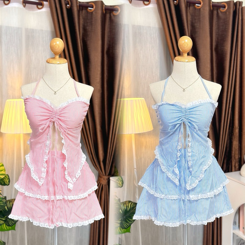 Set เสื้อคล้องคอ+กระโปรงชั้น ลายริ้ว ( M-02 )🍒