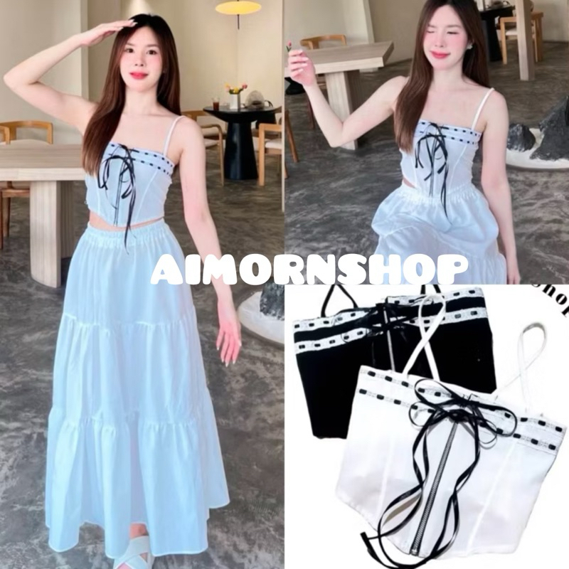 aimorn_shop เสื้อสายเดี่ยว ติดริบบิ้น ซิปหน้าดีเทลผูกโบว์ที่อก สม็อคหลัง งานสวยมาก