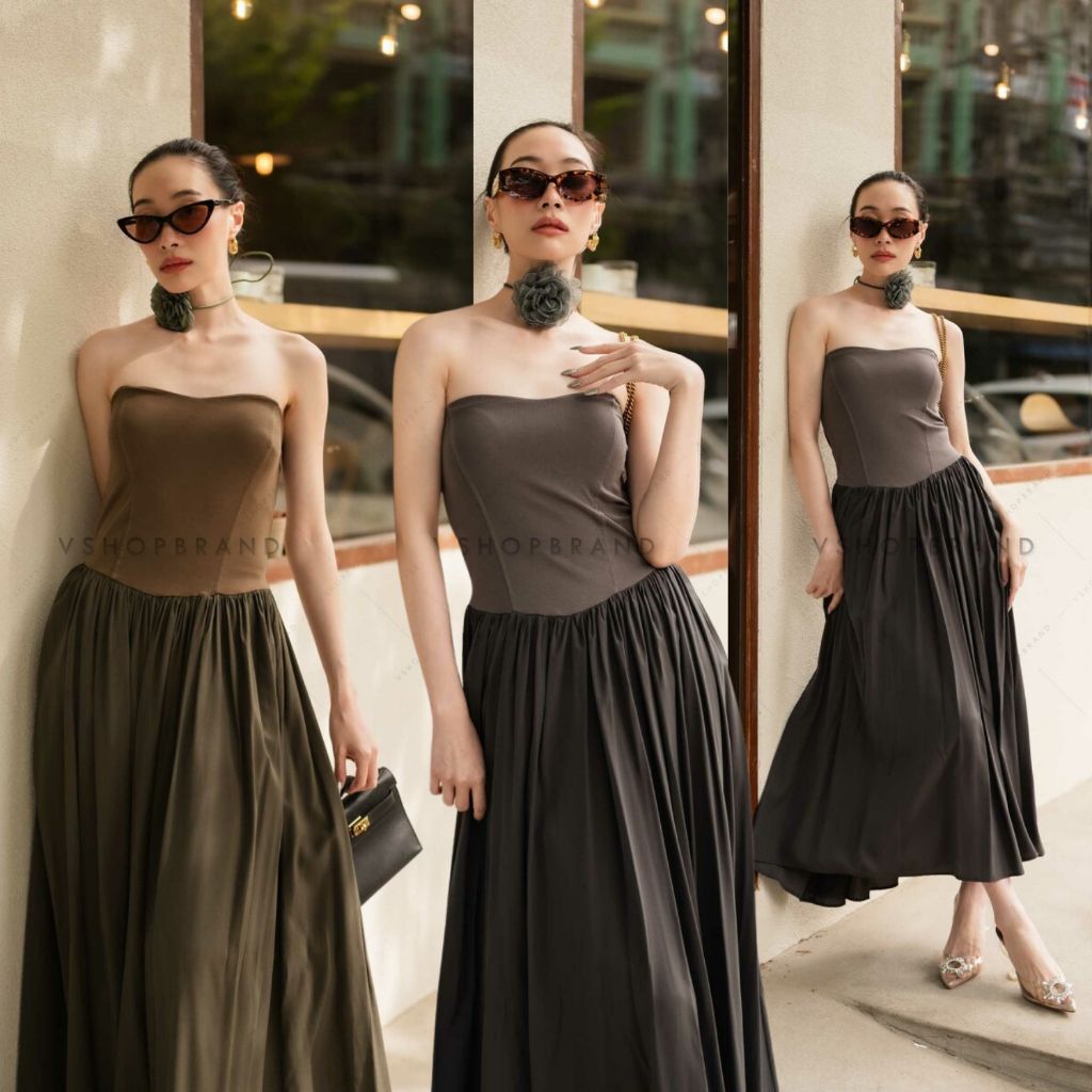 พร้อมส่ง เดรสเกาะอกผ้ายืด ต่อกป. + เชือกดอก3มิติ งานป้าย vshopbrand