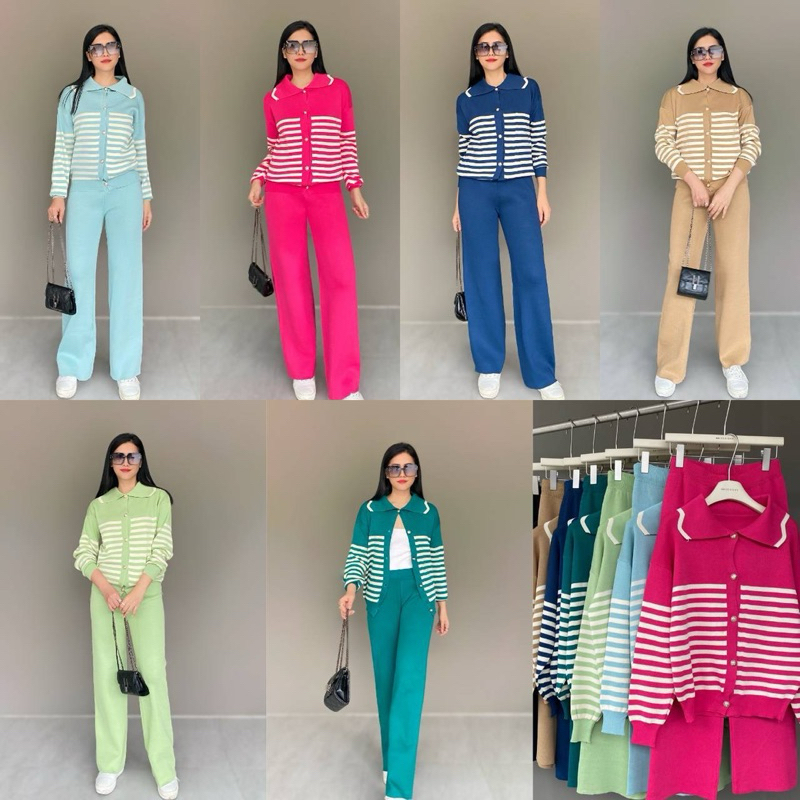 Knit Stripe Collar Long Sleeve Top&Long Pant Set