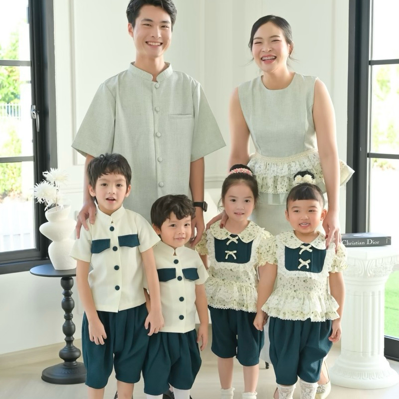 [ ส่งฟรี 🔥 ] ชุดไทยสีเขียวครามน้ำทะเล ชุดครอบครัว ชุดออกงานพ่อแม่ลูก ชุดออกงานคู่