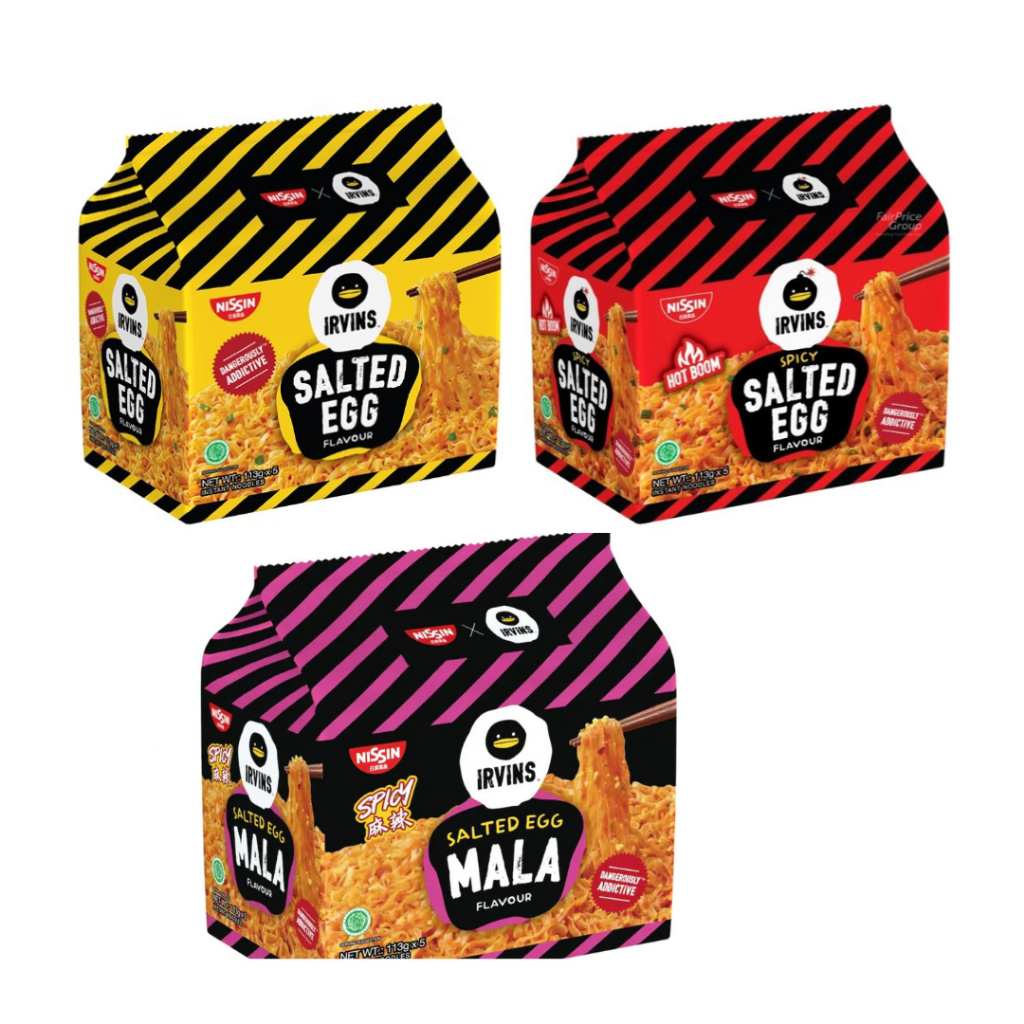 Nissin Irvins บะหมี่แห้งไข่เค็ม แบบแพ็ค มี  3 รสให้เลือก น้ำหนัก 565g สินค้าจากอินโดนีเซีย มีตราฮาลา