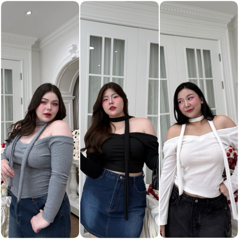 เสื้อครอปคอวีแขนยาว งานผ้าร่อง ดีเทลเชือกผูกคองานน่ารัก