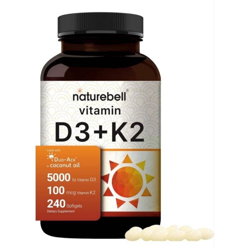 ✨️พร้อมส่ง✨️NatureBell Vitamin D3 5000 K2 (MK7) with Virgin Coconut Oil, 240 Softgels, 100mcg.