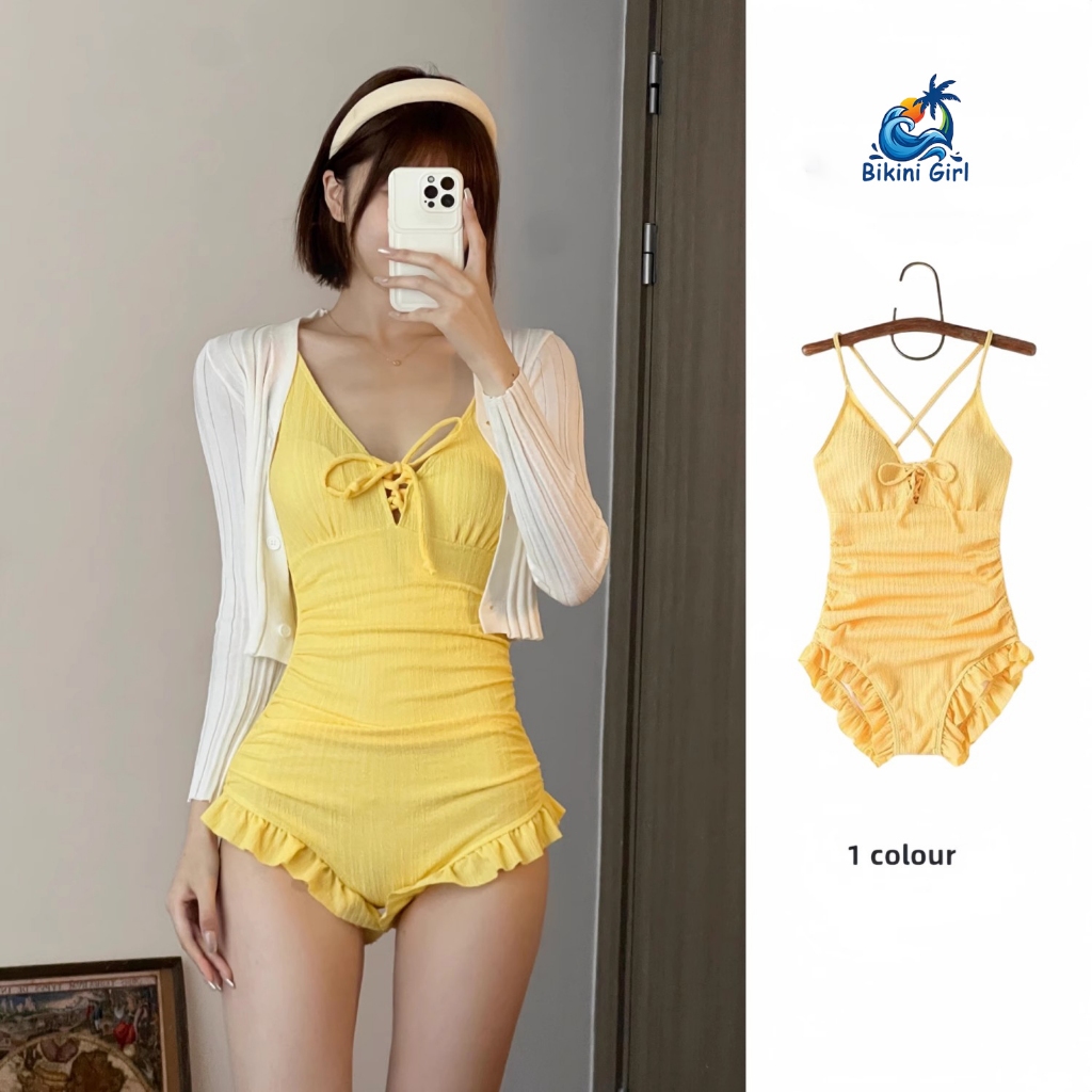 ชุดว่ายน้ำ ดีไซน์ผูกคอวี✨ชุดว่ายน้ำวันพีช สีเหลือง💕มีฟองน้ำ ผ้าดี ยืดหยุ่นดี🚚ส่งไวจากไทย1-3วัน