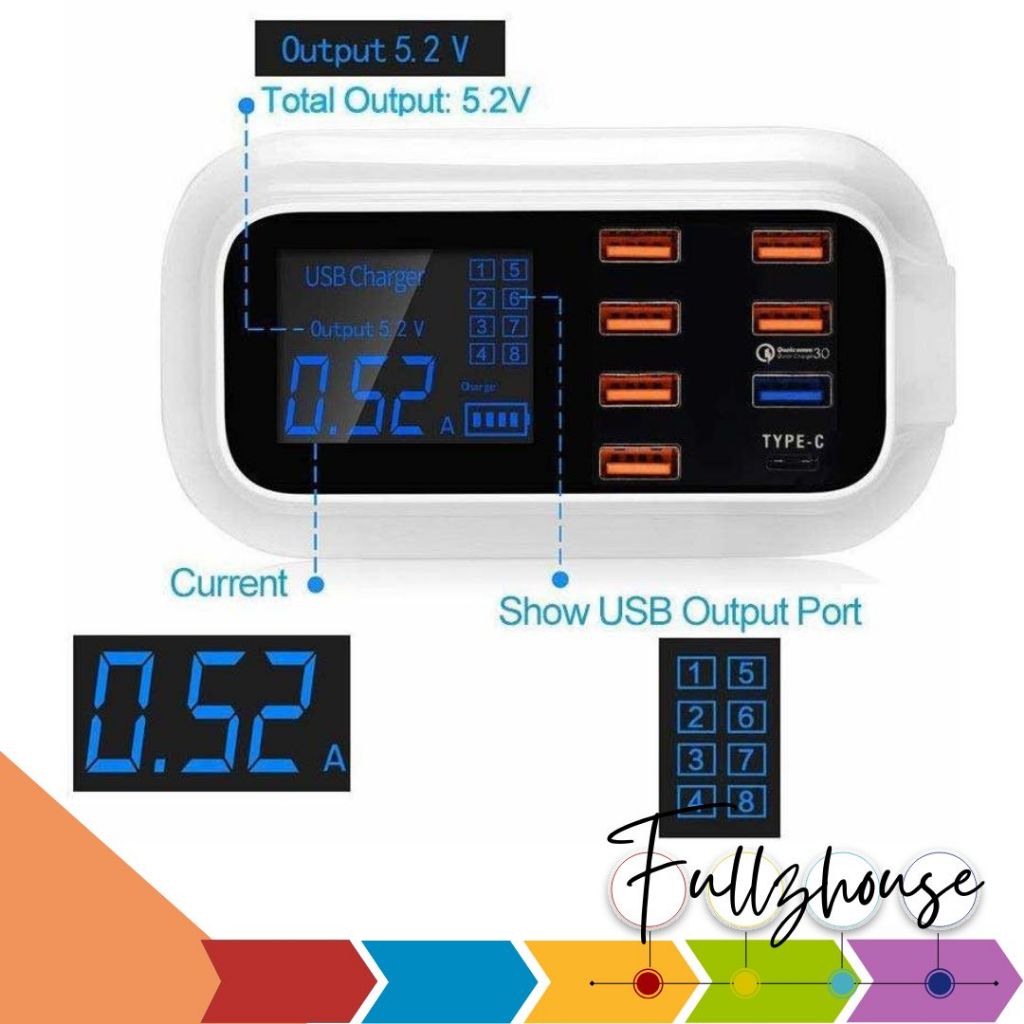 จัดส่งด่วน CD-A19Q Quick Charge 3.0 สมาร์ท USB+Type-C 8Port จอแสดงผล LED