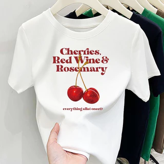 เสื้อยืดคอกลมลายเชอรี่ oversize สวยๆ tshirt women สาวอวบ เสื้อเชอรี่ แขนสั้น เสื้อยืดลายสกรีน