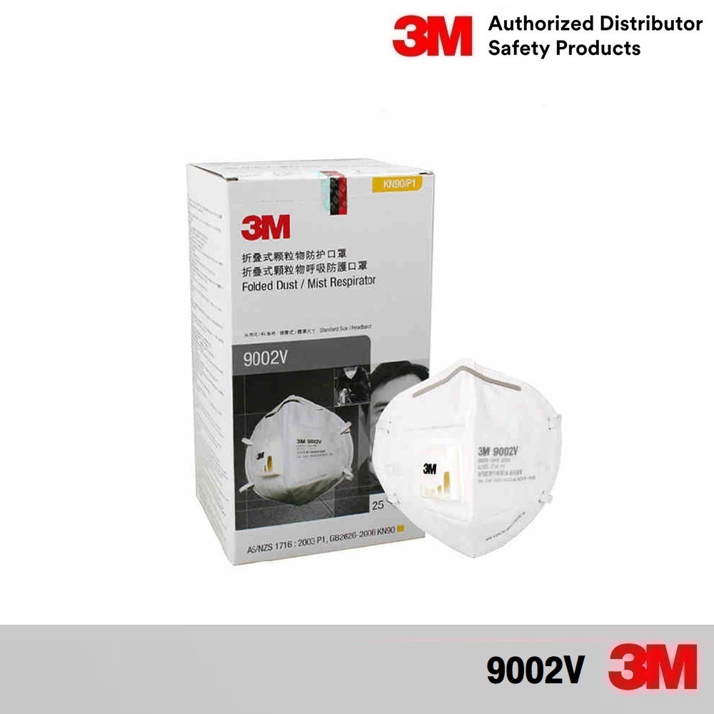 3M 9002V หน้ากากป้องกันฝุ่น ละออง แบบพับได้ พร้อมวาล์วระบายอากาศ สายคาดศีรษะ, P1, 25 ชิ้น/กล่อง