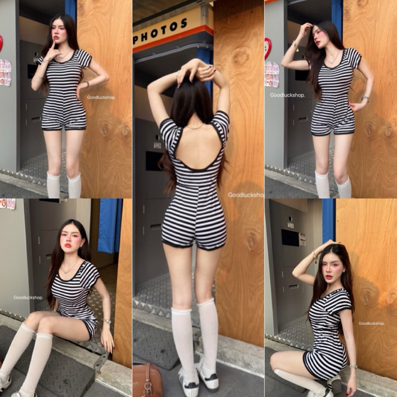 จั๊มสูทเว้าหลังแขนสั้นลายริ้ว🔥