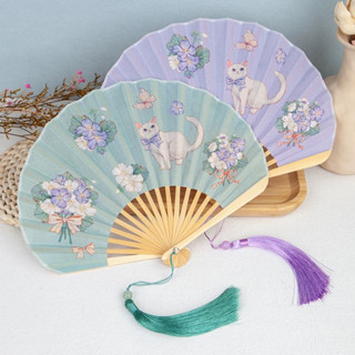 ส่งจากไทย พัดภาพวาดศิลปิน พัดพรีเมียม  ลายแมว น่ารัก