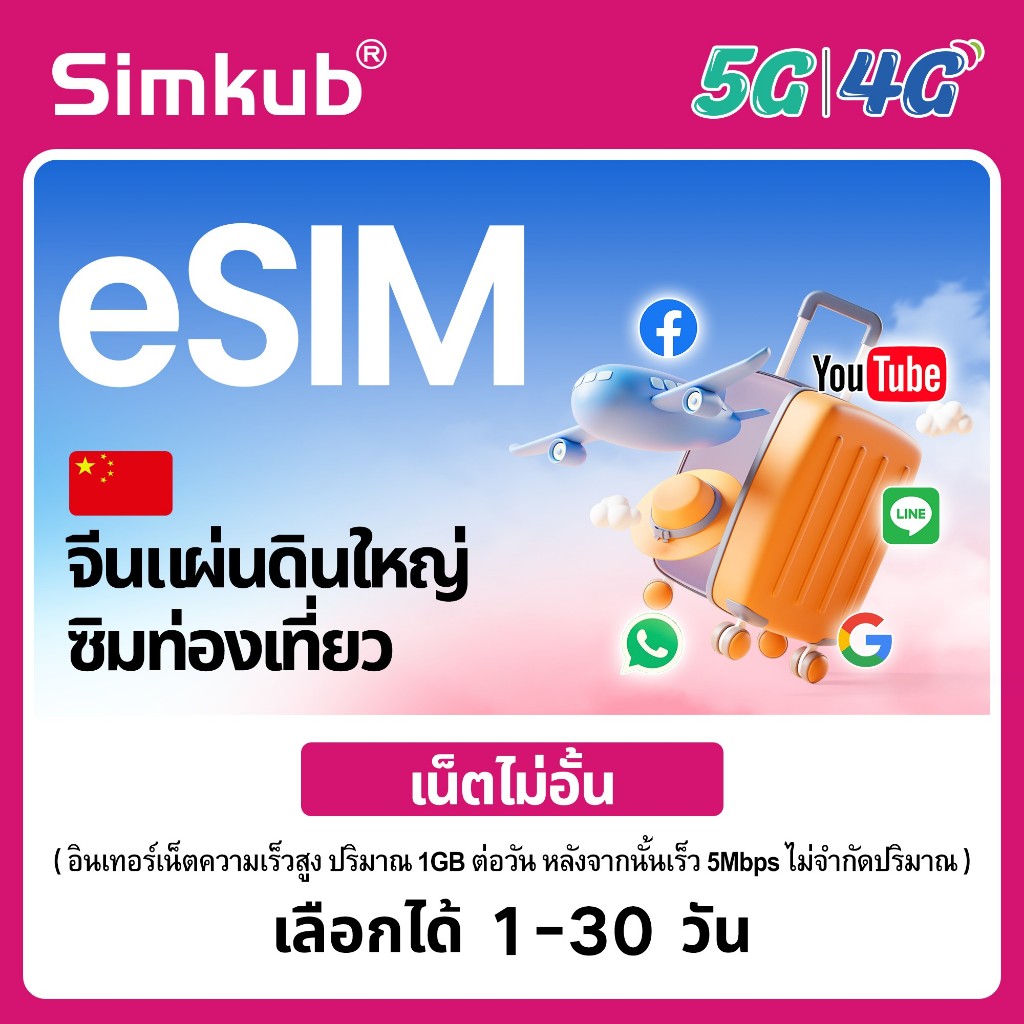 eSIM Mainland China ซิมจีน ซิมท่องเที่ยวจีน 5G/4G อินเทอร์เน็ต ไม่จำกัด เลือกได้ 1-30วัน เครือข่าย China Mobile