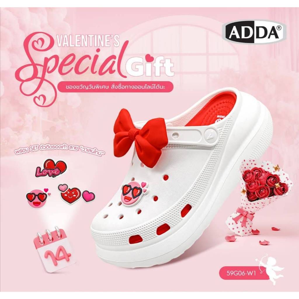 ADDA : Valentine's รุ่น 59G06-W1+แถมตัวติด แต่งโบว์ รองเท้าแตะ ลำลอง สำหรับผู้หญิง ส้นตึก (ไซส์ 4-7)