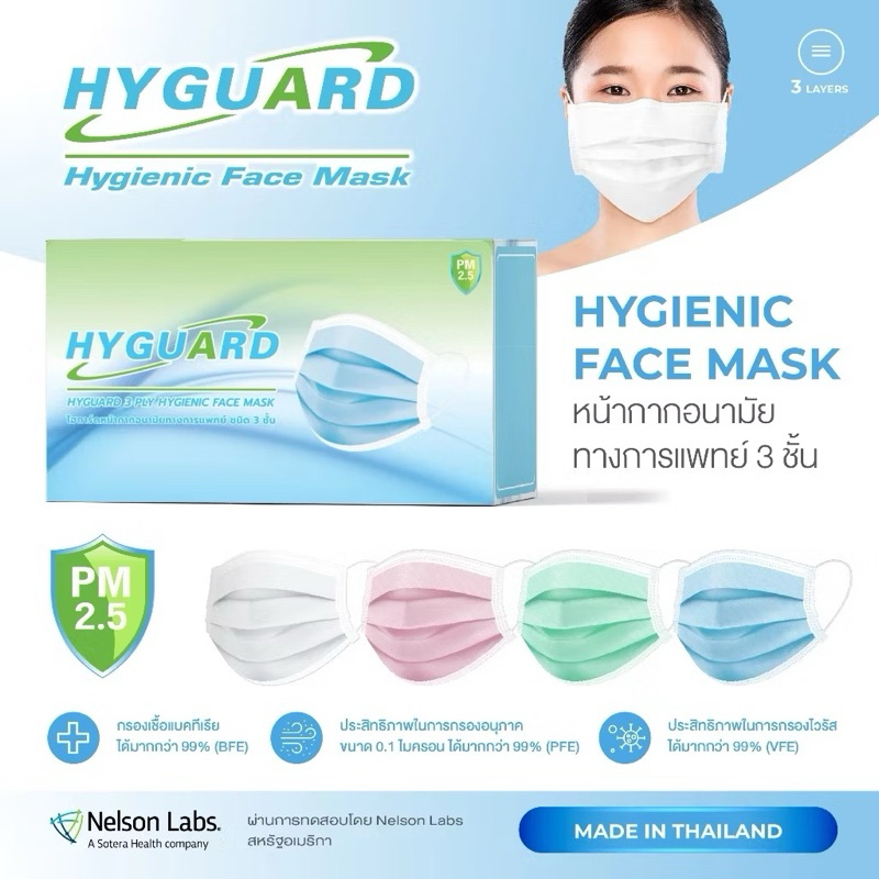 Hyguard หน้ากากอนามัยทางการแพทย์ ชนิด 3 ชั้น สีเขียว,สีขาว บรรจุกล่อง 50 ชิ้น (เปิดใบกำกับภาษีทักแชทได้เลยคะ)