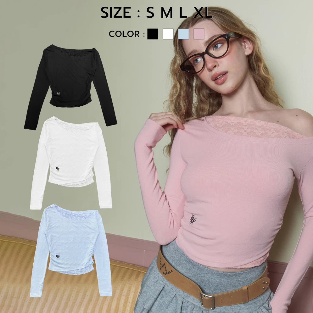 Bemingtop727(S-XL) - Cloud Lace เเขนยาว ปาดไหล่เล็กน้อย ดีเทลเลเยอร์ลูกไม้