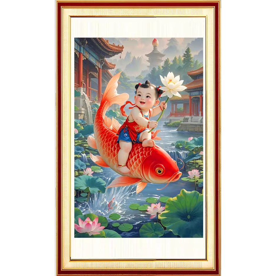 *พร้อมส่ง* ชุดปักครอสติช ลายเด็กน้อยขี่ปลา (ปักเต็มผืนผ้า ไม่มีเดินเส้น ผ้า11CTพิมพ์ลาย ปัก 3 เส้นเล็ก) ขนาด 50*70 ซม.