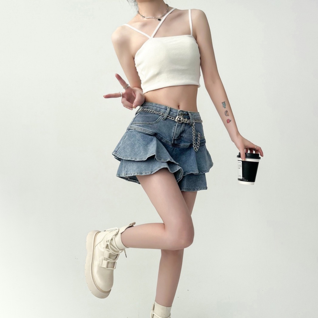 XS-4XL กระโปรงกางเกงยีนส์ สไตล์สาว Y2Kกระโปรงยีนส์แต่งระบายสองชั้น กระโปรงยีนส์สไตล์เกาหลี ผ้านุ่ม กางเกงขาสั้นเข้ารูป C - รูปที่ 5