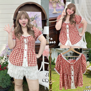 /JR/ เสื้อสาวอวบ ลายสก็อต แขนตุ๊กตา แต่งลูกไม้และโบว์ #เสื้อ…