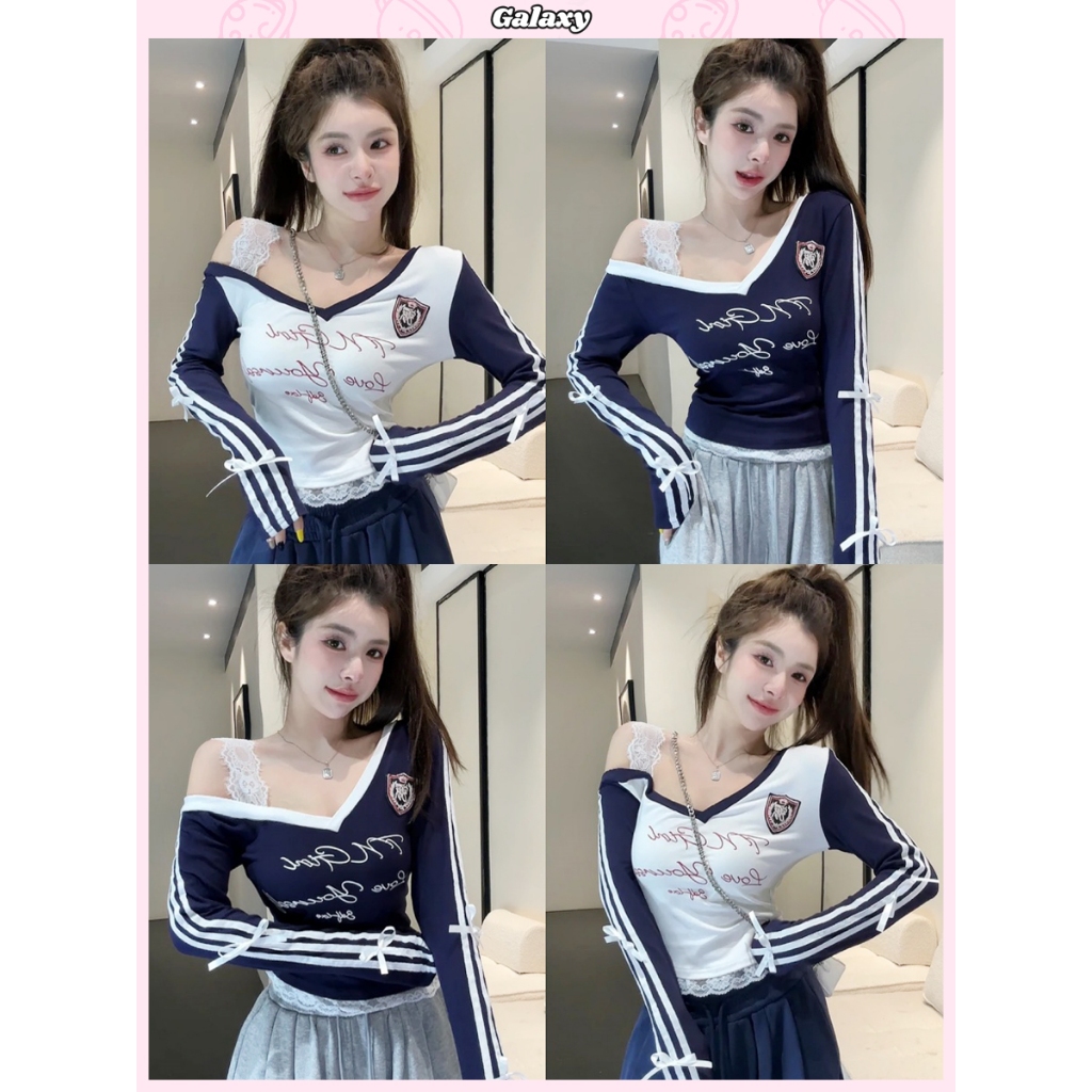 เสื้อยืดผู้หญิง เสื้อครอปคอวี สายลูกไม้ หวานเซ็กซี่ เอวเเคบ ใส่เเล้วดูผอม #020278