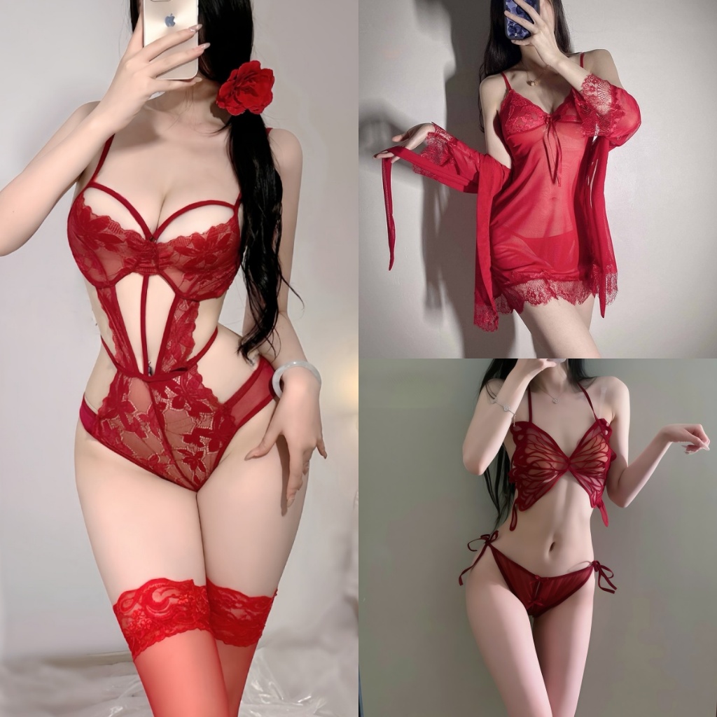 Sexy Charm❤️❤️ สีแดง ชุดยูนิฟอร์ม ชุดนอน sexy lingerie ชุดจีน ลูกไม้ ซีทรู คอวีลึก สิ่งล่อใจ ส่งไวจากไทย - รูปที่ 4