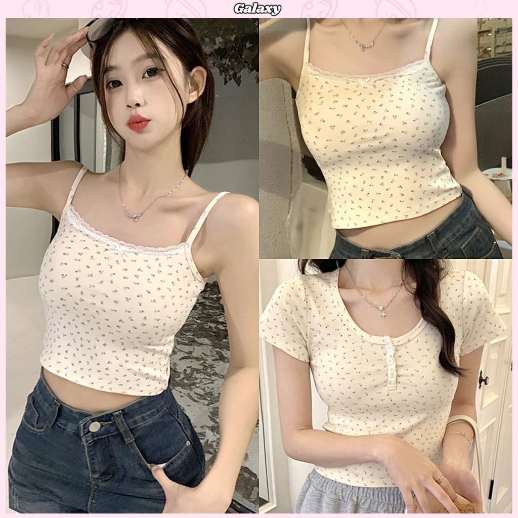 เสื้อครอป สายเดี่ยวครอป  หวานน่ารัก ลายดอกไม้ ยืดได้ คอกลม #0202645