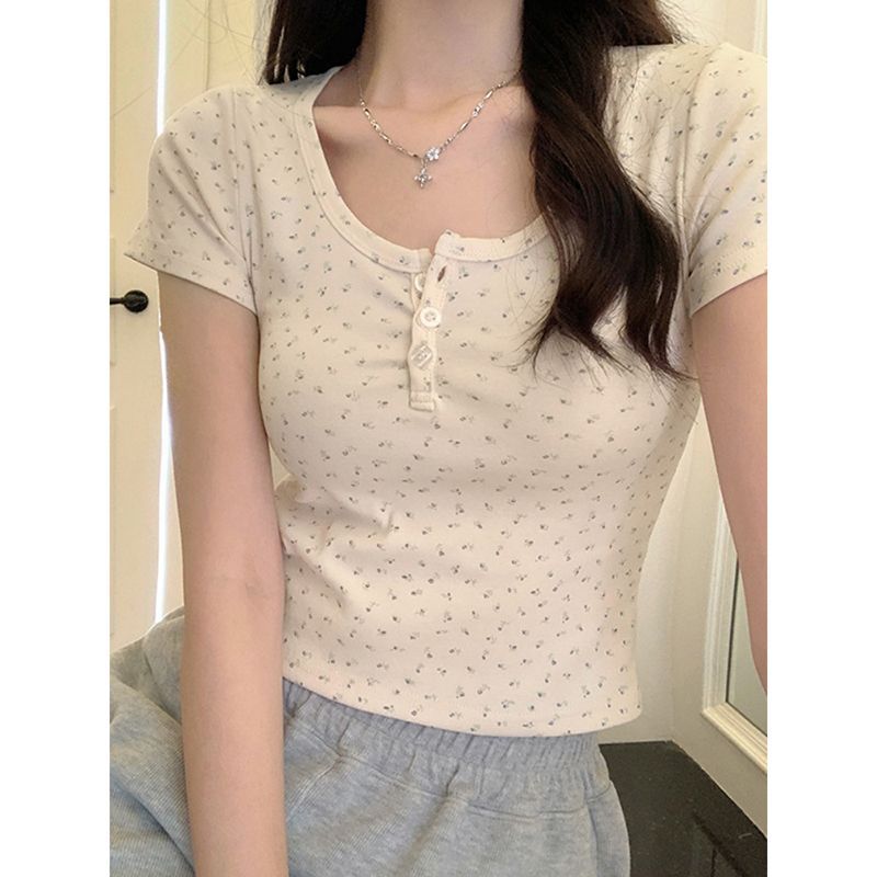 เสื้อครอป สายเดี่ยวครอป  หวานน่ารัก ลายดอกไม้ ยืดได้ คอกลม #0202645 - รูปที่ 7