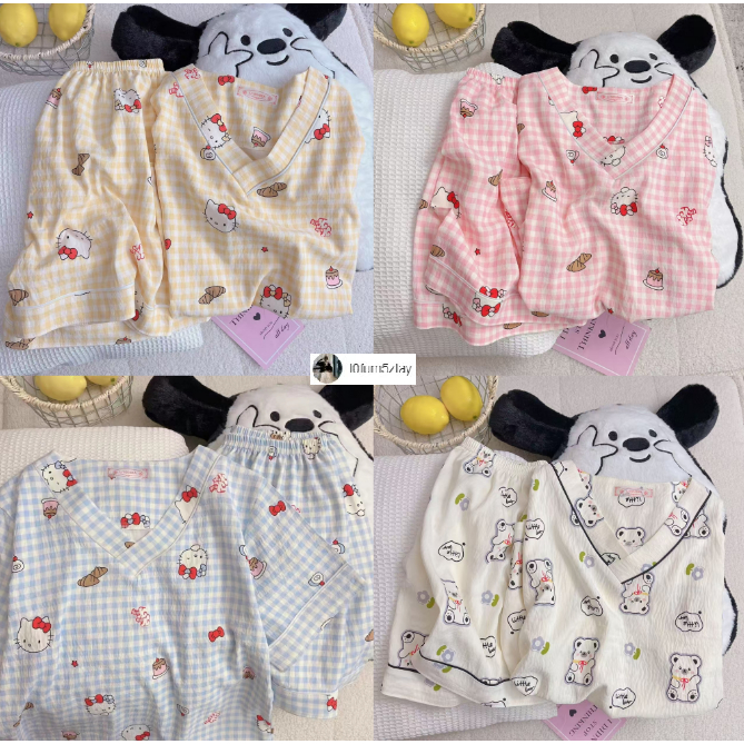 ชุดนอนผ้าฝ้ายเมฆฤดูร้อน，ชุดนอนคอวี， การ์ตูนน่ารัก 4 แบบ， 2 ชิ้น， ขาสั้น+เสื้อ，M-2XL
