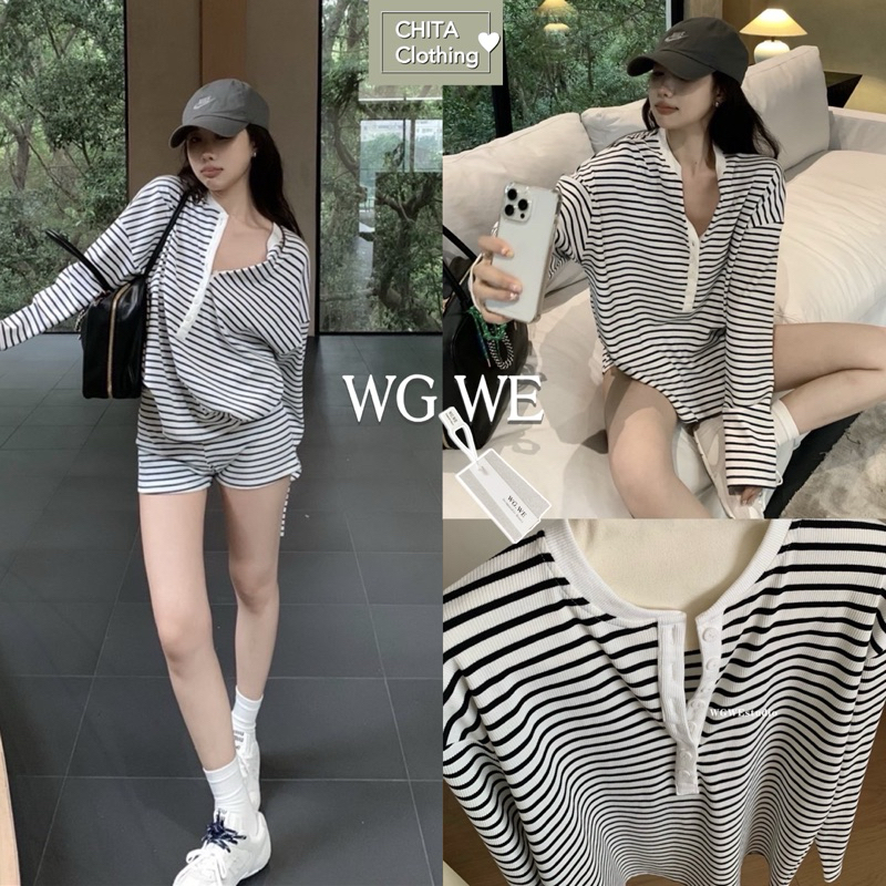 9421 Set 2 pcs เสื้อแขนยาวลายริ้วแขนยาวกระดุมปลดได้ + กางเกงขาสั้นเอวยางยืดติดกระดุมหน้า TAG:WG.WE