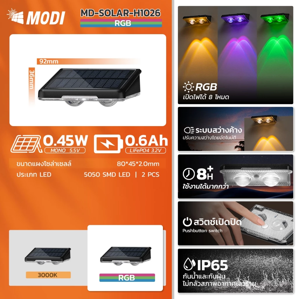 MODI โคมไฟติดผนังโซล่าเซลล์ RGB กันน้ำ IP65 thumbnail 4