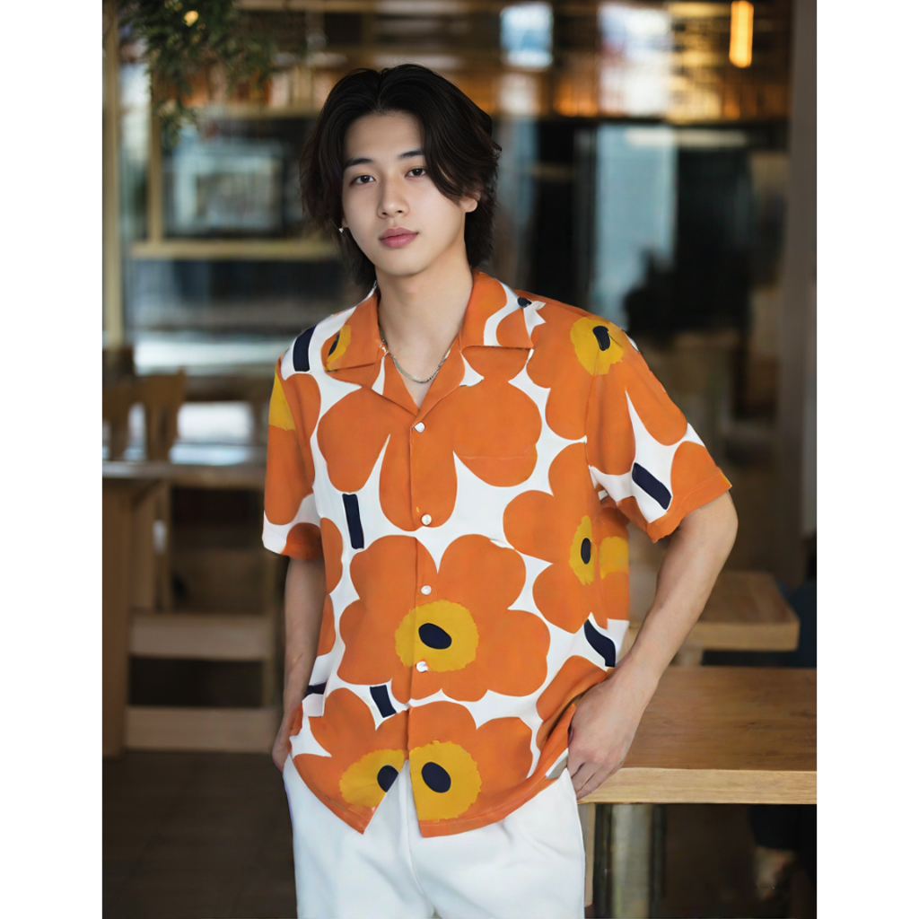 11.WOLF Hawaii Shirt  เสื้อเชิ๊ตแขนสั้นต่อลายดอกส้ม / H36 - รูปที่ 2