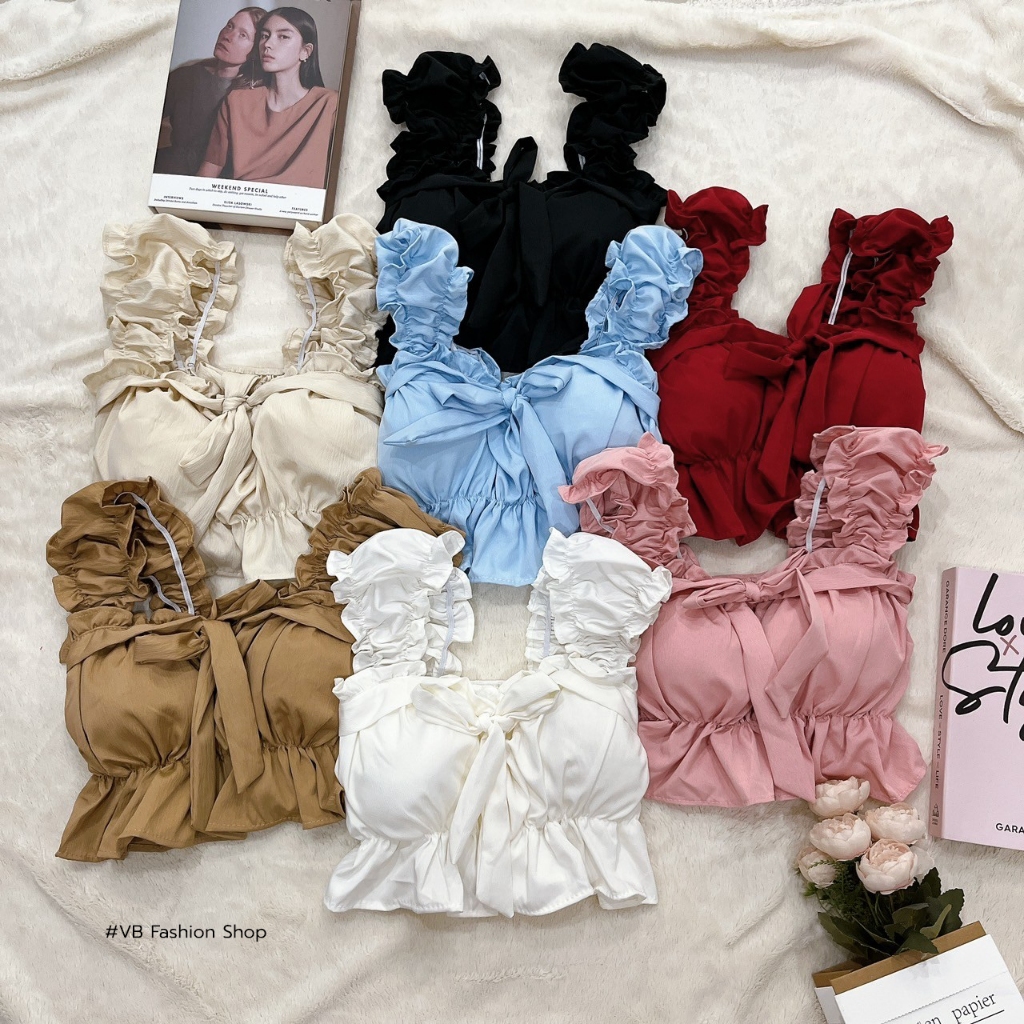 พร้อมส่งเสื้อครอป ผูกโบว์หน้า แขนกุดระบาย มีฟองน้ำ งานน่ารักมาก🌷🌈✨