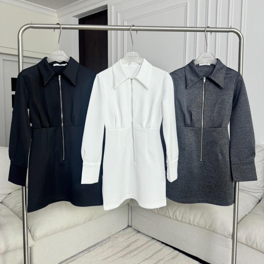 PTD490 ชุดเดรสคอโปโลแขนยาวซิปหน้า PROMTHONG