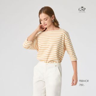 GSP เสื้อยืดคอกลม แขนยาว Friendly stripe สีเบจริ้วขาว PBBMOR