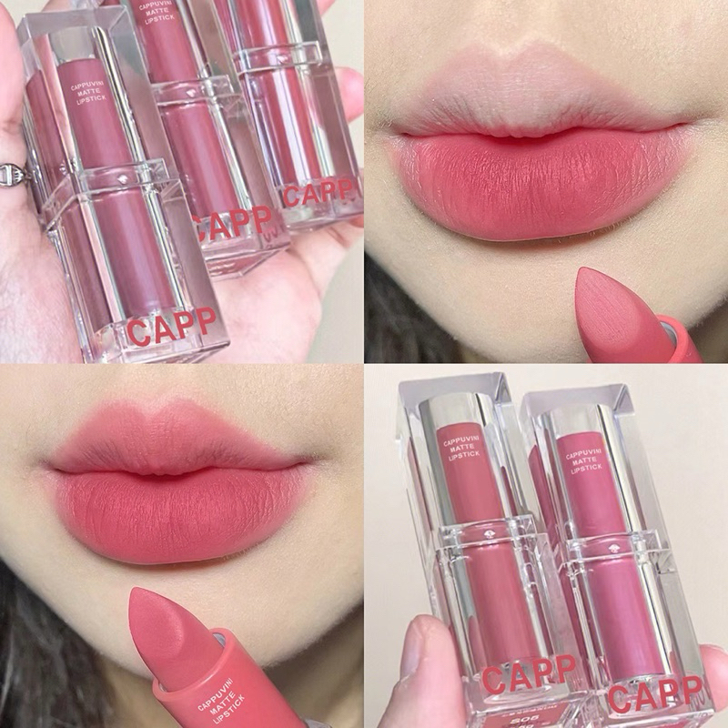 NO.CP105  Cappuvini ลิปสติก เนื้อแมตต์ กํามะหยี่ หลอดใส 6 สี อะคริลิคใส กันน้ํา กันเหงื่อ ติดทนนาน