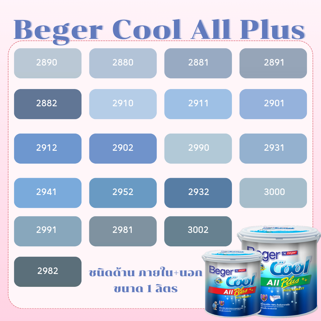 Beger คูลออลพลัส สีฟ้าคราม ฟิล์มด้าน ภายนอก+ภายใน ขนาด 1L สีทาบ้าน สีบ้านเย็น เกรด 10 ปี สีบ้านเย็น