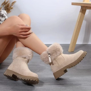 รองเท้าบูทหิมะสำหรับผู้หญิง ผ้ากำมะหยี่หนาให้ความอบอุ่น ส่วนบนทำจากหนังกลับกันน้ำ ไม่ลื่นและทนต่อการสึกหรอ