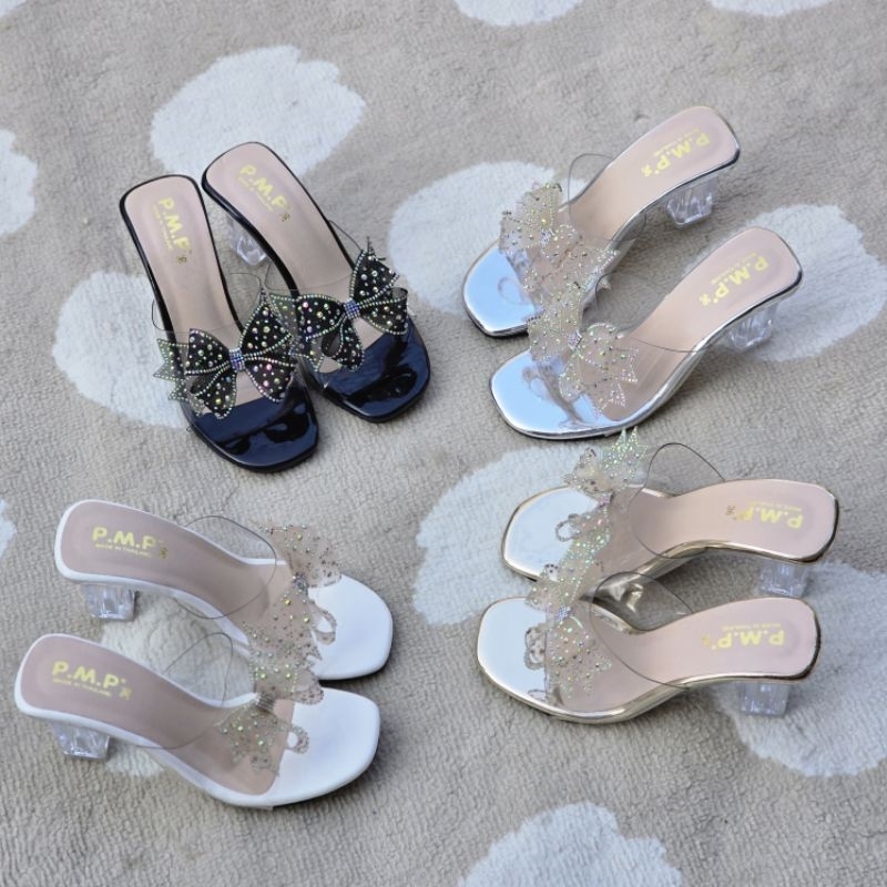 💕OHODOODEE 💕รองเท้าส้นแก้วสูงตันสูง 3 นิ้ว โบว์วิบวับ ( โบว์ PMP ) - รูปที่ 5