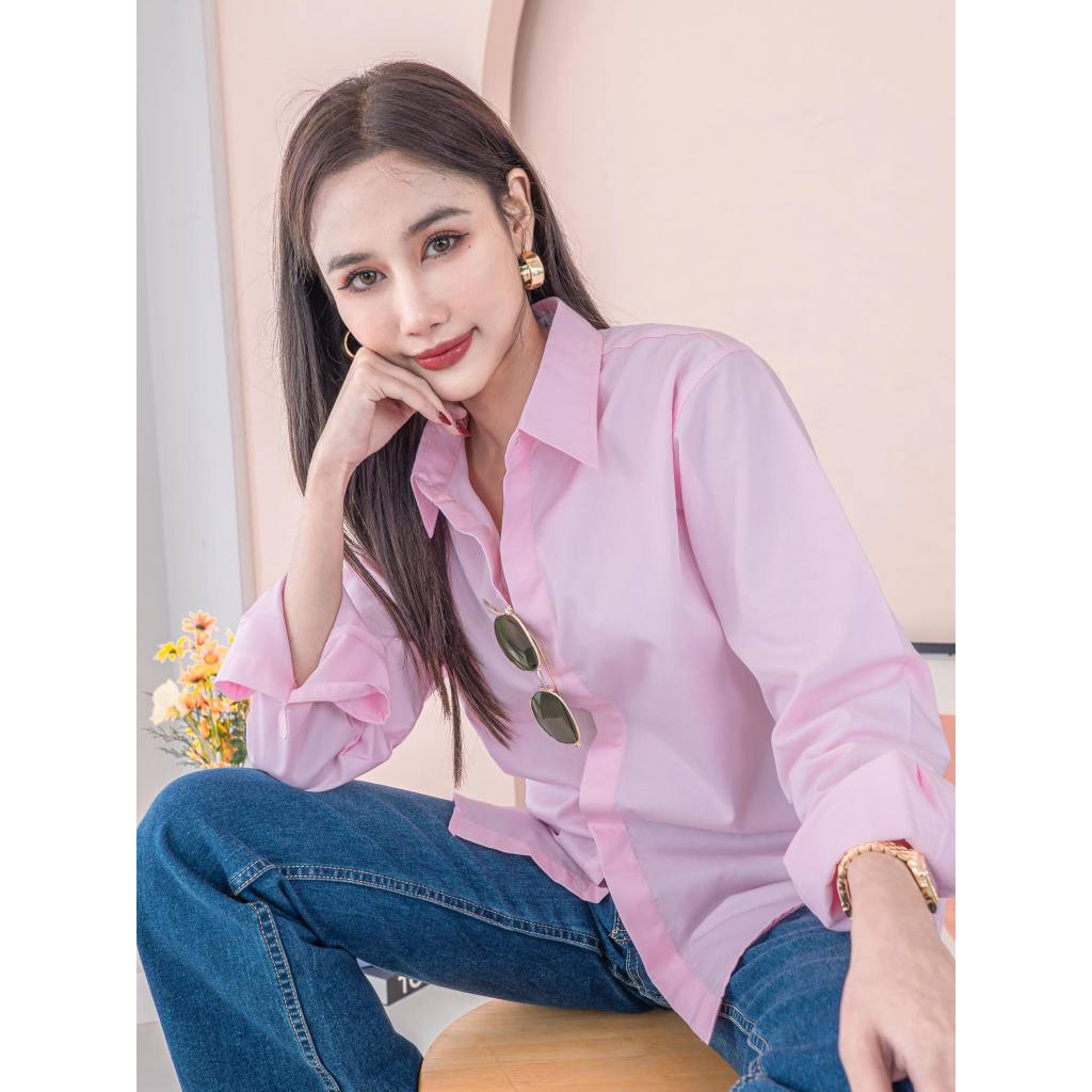 (A34 สีชมพูพาสเทล-รุ่นซ่อนกระดุม) ผ้าCottonคุณภาพดี เสื้อทำงาน เสื้อใส่เที่ยว