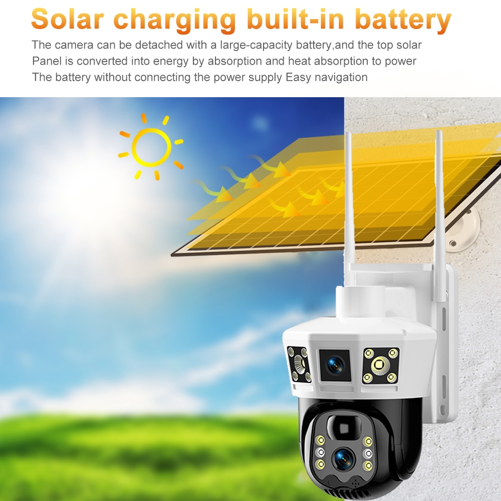 4G /WIFI Camera 12MP 6K 18LED Solar Cell กล้องวงจรปิด โซลาร์เซลล์ ความละเอียด12ล้านพิกเซล กล้อง2เลนส์3จอ คุยโต้ตอบ
