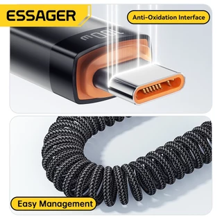 Essager สายชาร์จสปริง Type C ถึง Type C 100W/60W เร็ว เหมาะสำหรับการถ่ายโอนข้อมูลโทรศัพท์มือถือ สายเคเบิล 480Mbps