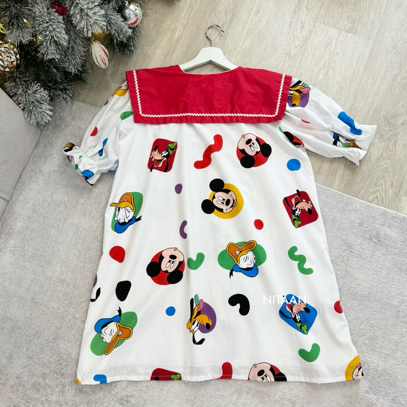 NITAANKIDS ❤️(*1ชุดแม่1ชุด)CARTOON DRESS เดรสผ้าคอตตอนมีซับ ปกเหลี่ยมสีพื้น เดินริบบิ้นหยัก กระดุมหน้า - รูปที่ 5