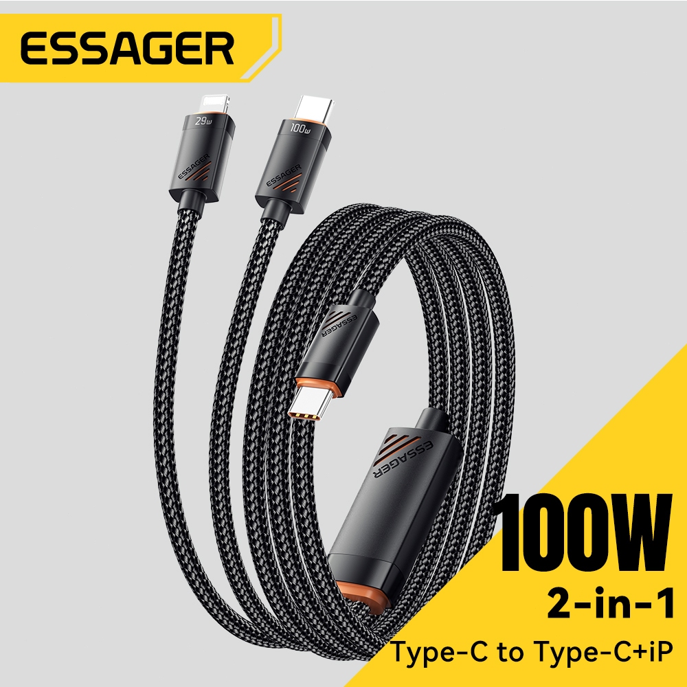 Essager สายชาร์จเร็ว 100W 2-in-1 Type C to Type C to L สำหรับโทรศัพท์ IP 480Mbps