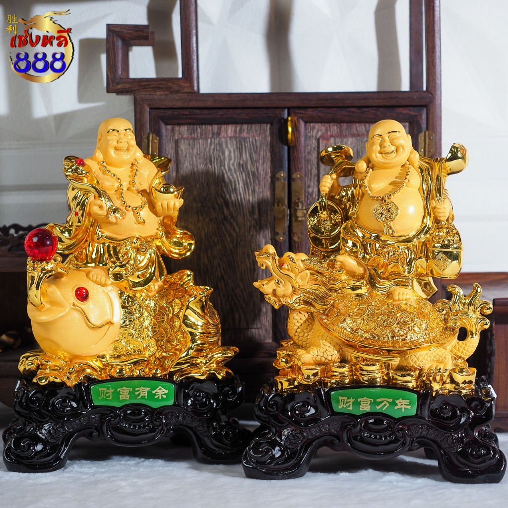 (เสริมบารมี เงินทอง) พระสังกจาย์ ยืนเต่ามังกร/ปลาหลีฮื้อ เนื้อเรซิ่น พ่นทรายทอง สูง 12 นิ้ว