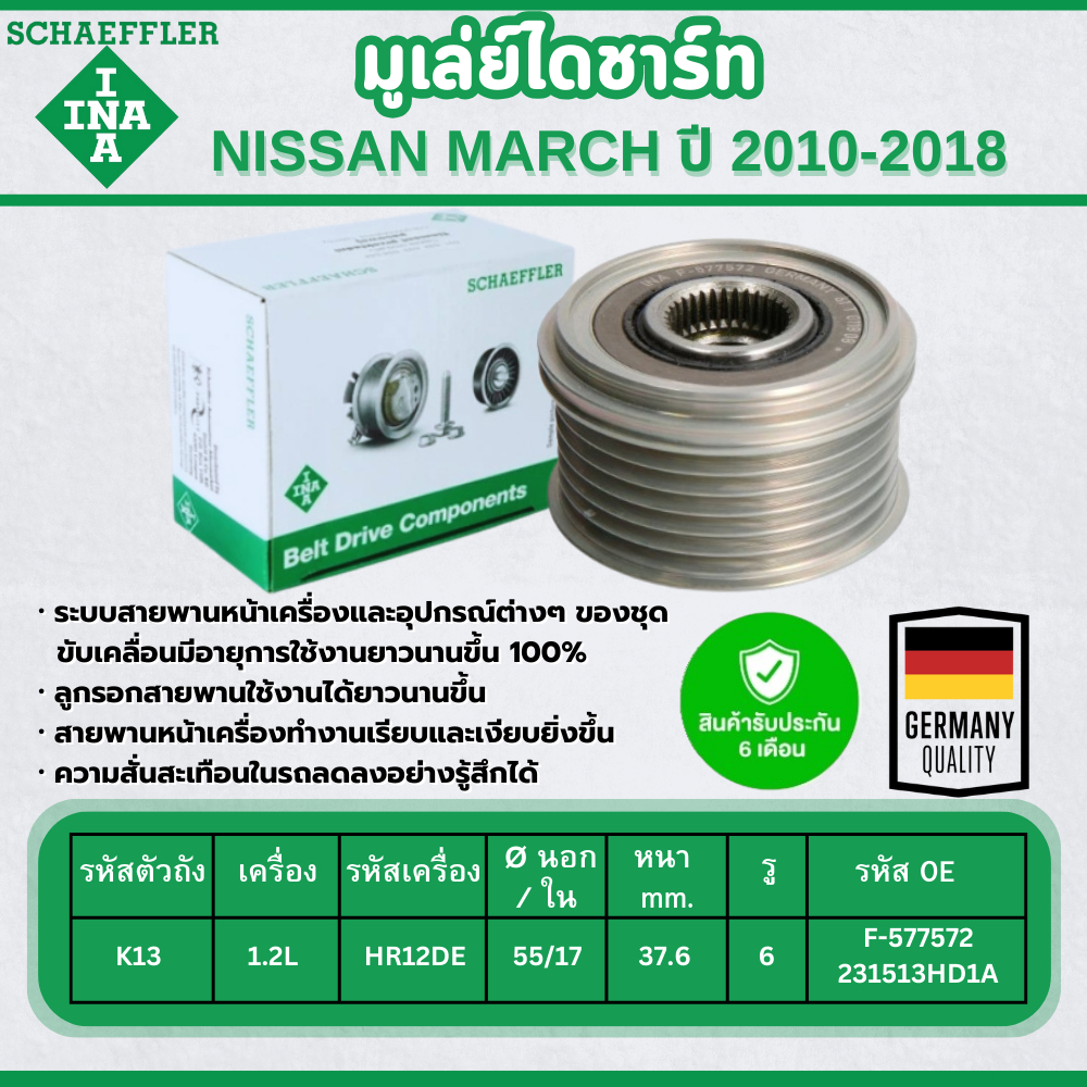 INA มูเล่ย์ไดชาร์ท NISSAN MARCH (K13) 1.2L ปี 2010-2018 (1ชิ้น) ประกัน 6 เดือน