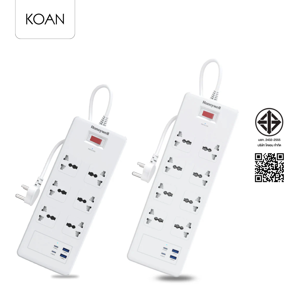 รางปลั๊กไฟ Honeywell 6/ 8 Outlet Surge Protector with 2 Type C with PD and 2 USB
