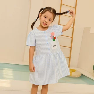e'clat ชุดเดรส ชุดกระโปรง ลายริ้ว ปักดอกไม้ เด็กผู้หญิง 1-6ปี ผ้าcotton ไม่ยืด ใส่สบาย 8075